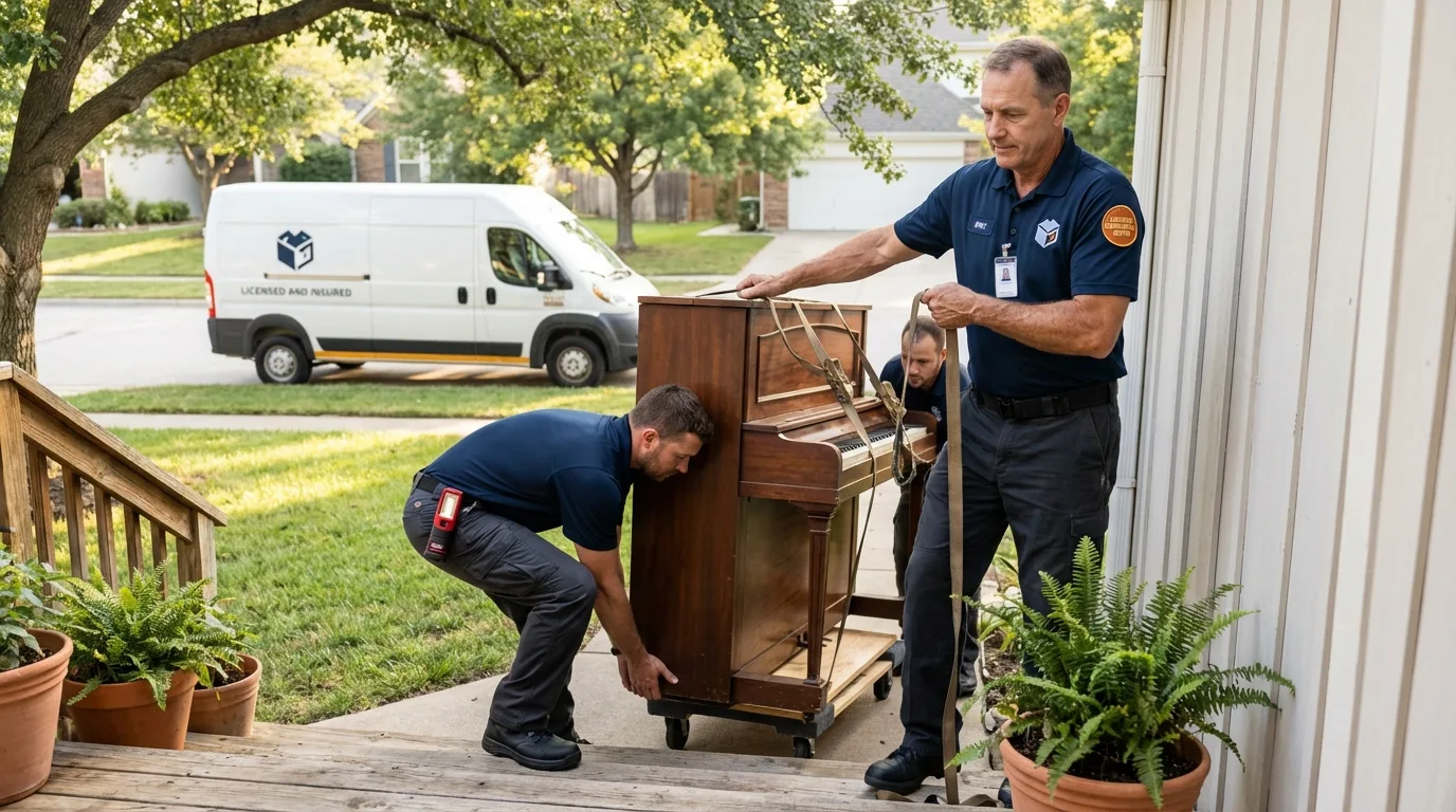 Licensed piano movers securing grand piano in Big Lake, AK