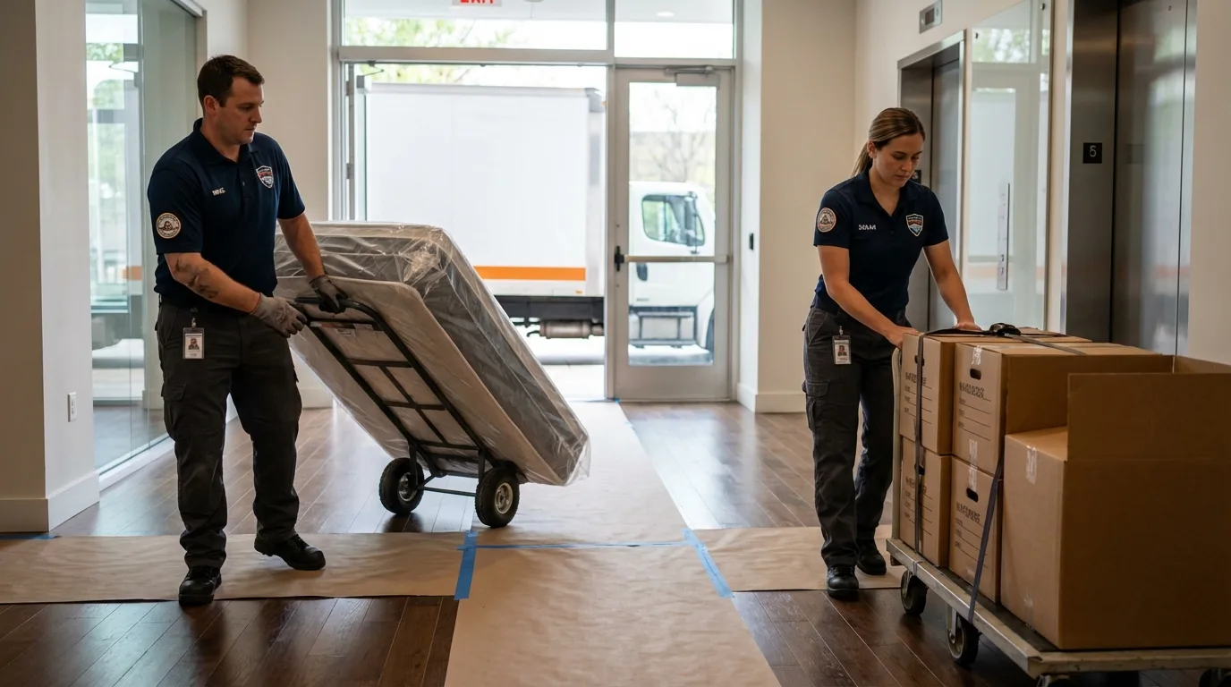 Professional apartment movers loading elevator in Big Lake, AK